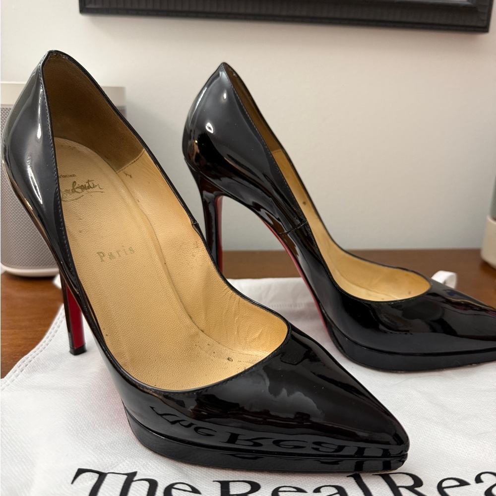Christian Louboutin Black Patent Pointed-Toe Pumps with Red Sole